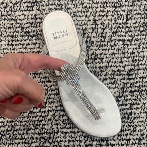Stuart Weitzman Silver Rhinestone T-Strap Sandals. Size 61/2